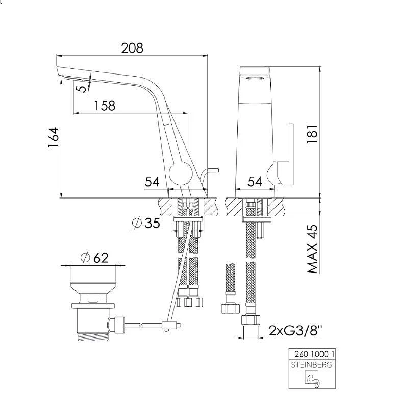 Steinberg Serie 260 Waschtisch-Einhebelmischerbatterie, Mit Ablaufgarnitur 1 1/4", Chrom 2 Steinberg Serie 260 Waschtisch-Einhebelmischerbatterie, Mit Ablaufgarnitur 1 1/4", Chrom – Bild 2