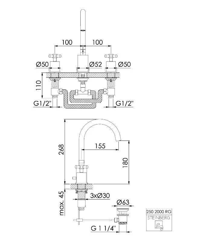 Steinberg Serie 250 3-Loch-Waschtisch-Armatur M. Ablaufgarn., Rose Gold, 250 2000 RG 2 Steinberg Serie 250 3-Loch-Waschtisch-Armatur M. Ablaufgarn., Rose Gold, 250 2000 RG – Bild 2